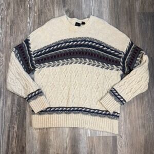 Vintage Structure 100% Wool Fair Isle Nordic Cable Knit Sweater Men XL Cream 90s
